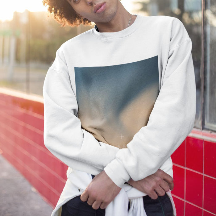 Gradient Swirl Men's Pullover: white, dark blue-gray sweatshirt, minimal style