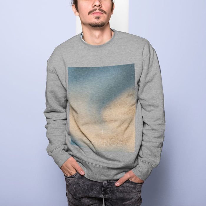 Gradient Swirl Men's Pullover: white, dark blue-gray sweatshirt, minimal style