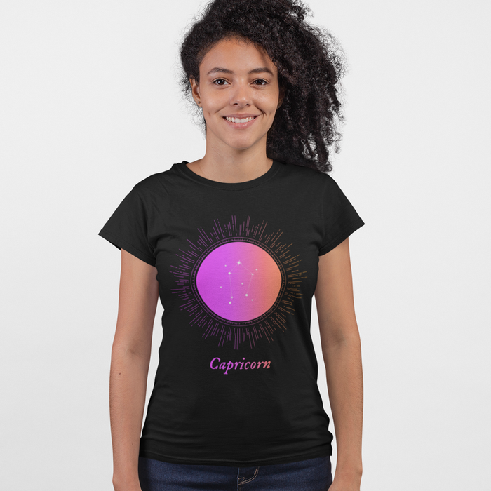 Gradient T-Shirt for Women with Capricorn Zodiac Sign: black, purple Capricorn zodiac theme, graphic zodiac style