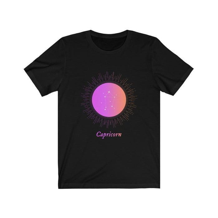 Gradient T-Shirt for Women with Capricorn Zodiac Sign: black, purple Capricorn zodiac theme, graphic zodiac style