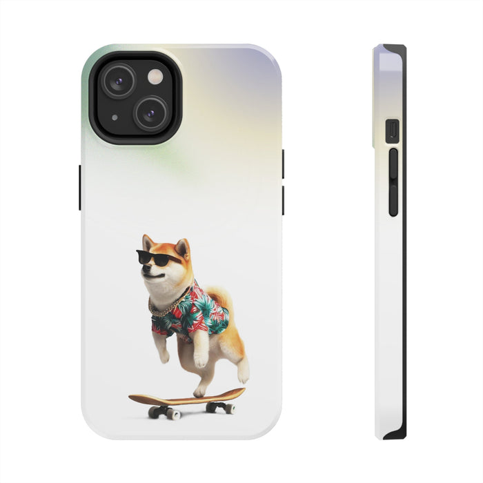 Gradient Touch Case for iPhone with Wireless Charging, Shiba Edition: white, pale green Shiba Inu dog skateboarding, cartoon/