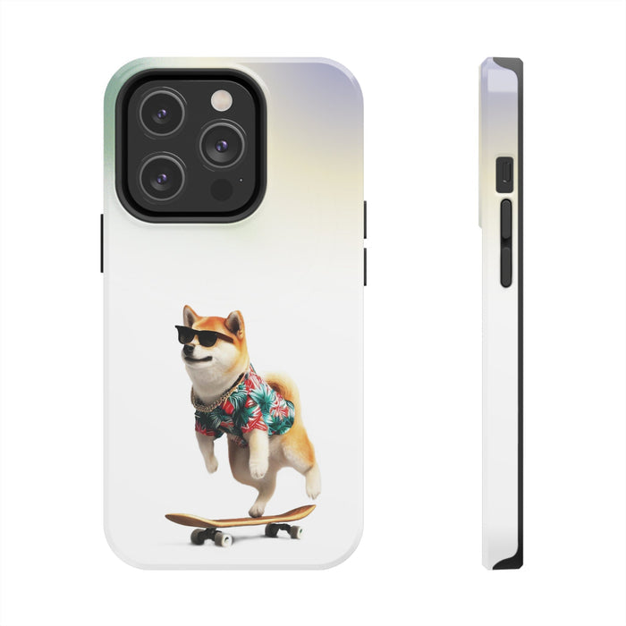 Gradient Touch Case for iPhone with Wireless Charging, Shiba Edition: white, pale green Shiba Inu dog skateboarding, cartoon/