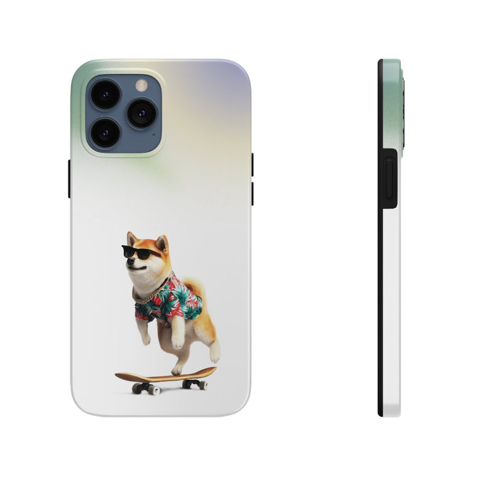 Gradient Touch Case for iPhone with Wireless Charging, Shiba Edition: white, pale green Shiba Inu dog skateboarding, cartoon/