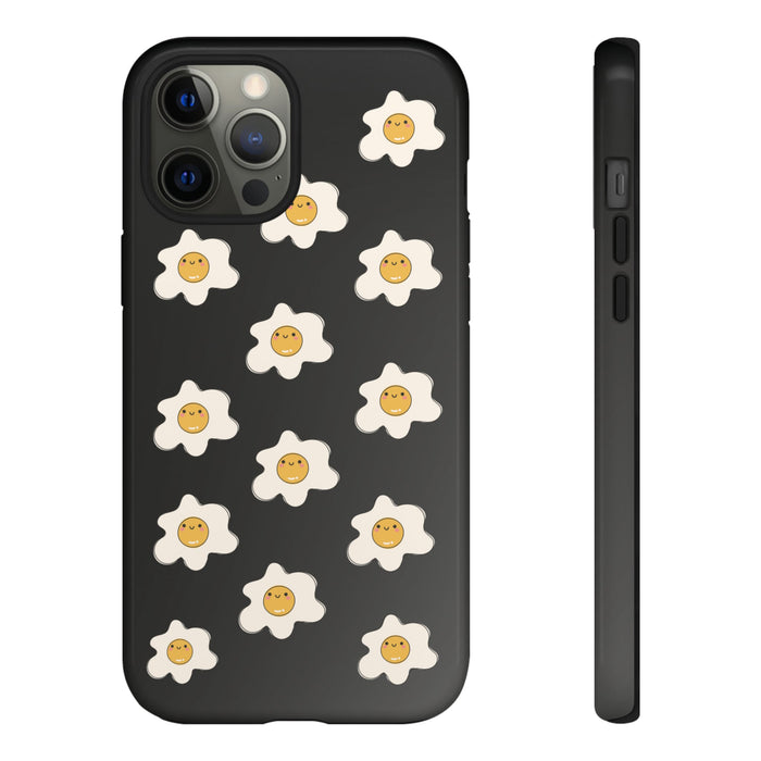 Gradient Tough Case with Sunny Side Design: black, white cartoon fried eggs with smiling yolks, kawaii cartoon style