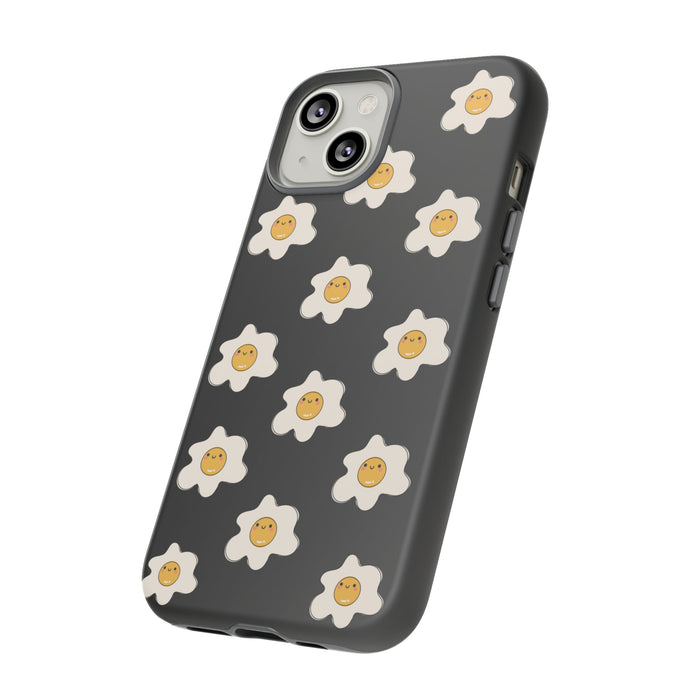 Gradient Tough Case with Sunny Side Design: black, white cartoon fried eggs with smiling yolks, kawaii cartoon style