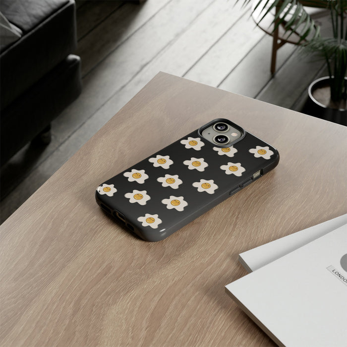 Gradient Tough Case with Sunny Side Design: black, white cartoon fried eggs with smiling yolks, kawaii cartoon style