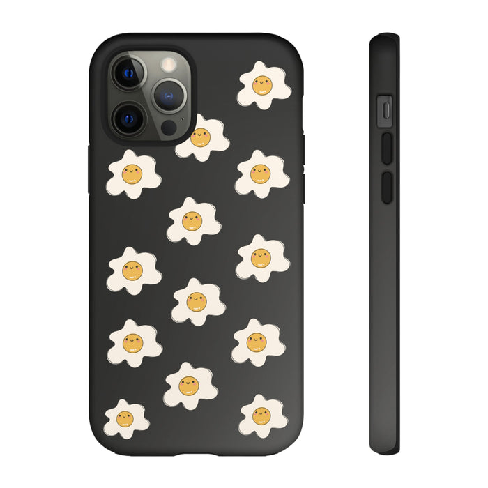 Gradient Tough Case with Sunny Side Design: black, white cartoon fried eggs with smiling yolks, kawaii cartoon style
