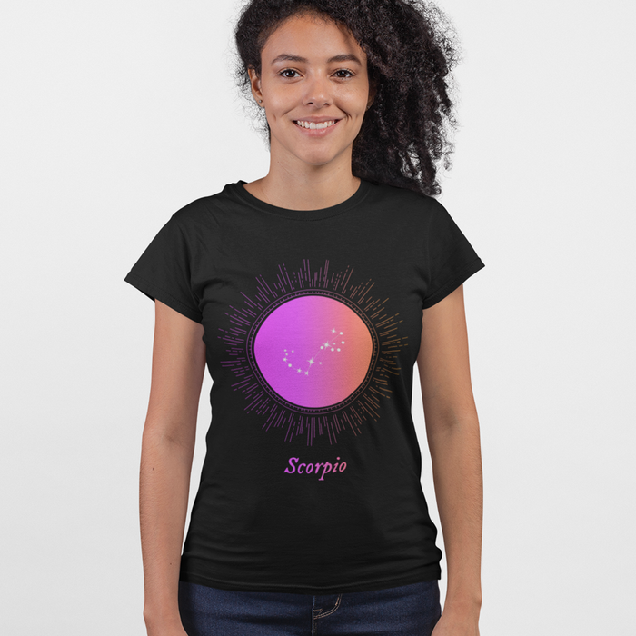 Gradient Zodiac T-Shirt for Women: black, purple Scorpio zodiac sign, zodiac graphic style