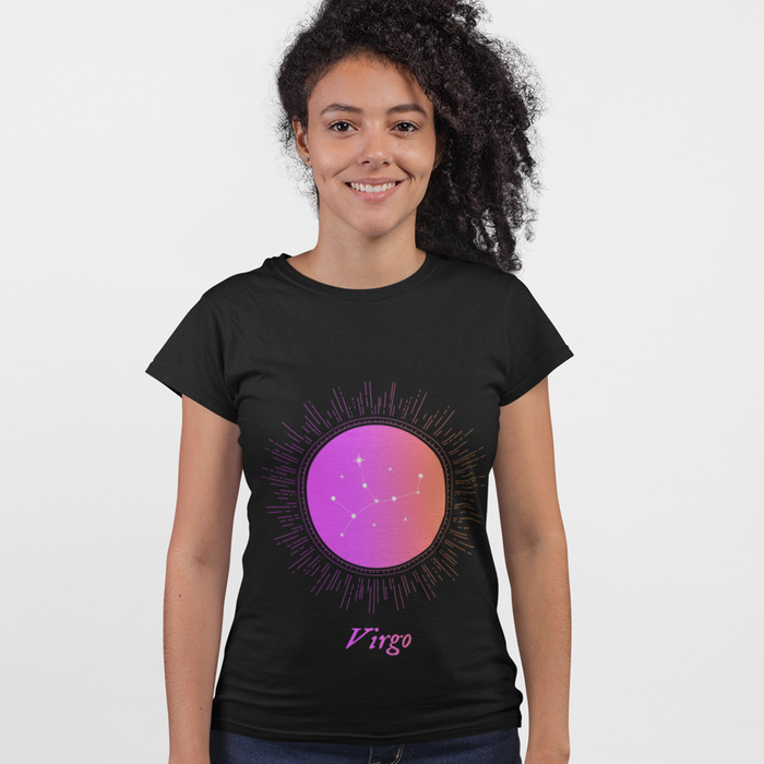 Gradient Zodiac T-Shirt for Women: black, purple Virgo zodiac sign, celestial graphic style