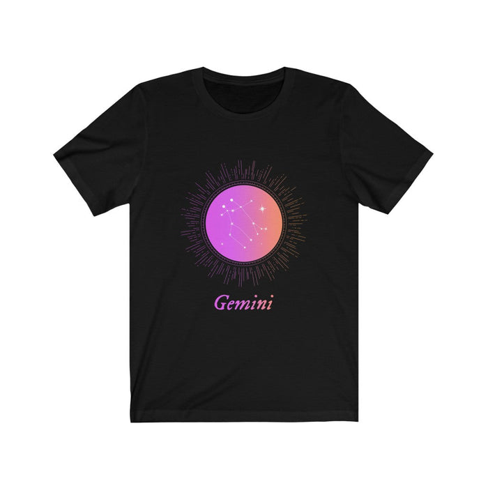 Gradient Zodiac T-Shirt for Women: black, purple Gemini zodiac sign, celestial graphic style