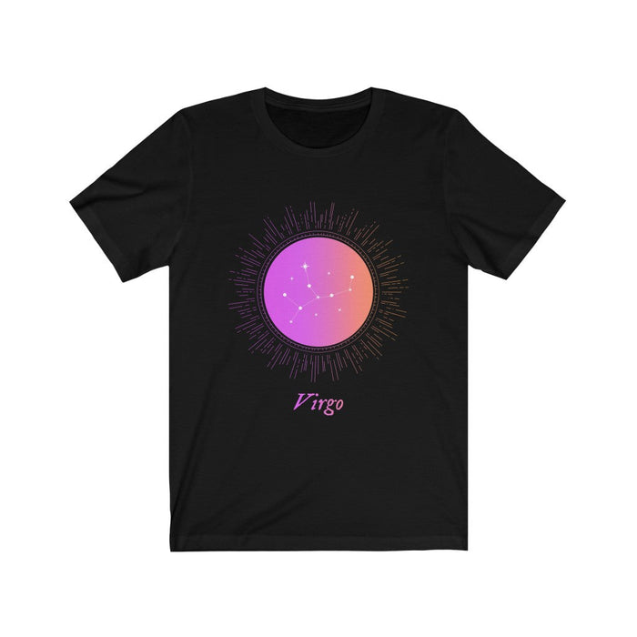 Gradient Zodiac T-Shirt for Women: black, purple Virgo zodiac sign, celestial graphic style