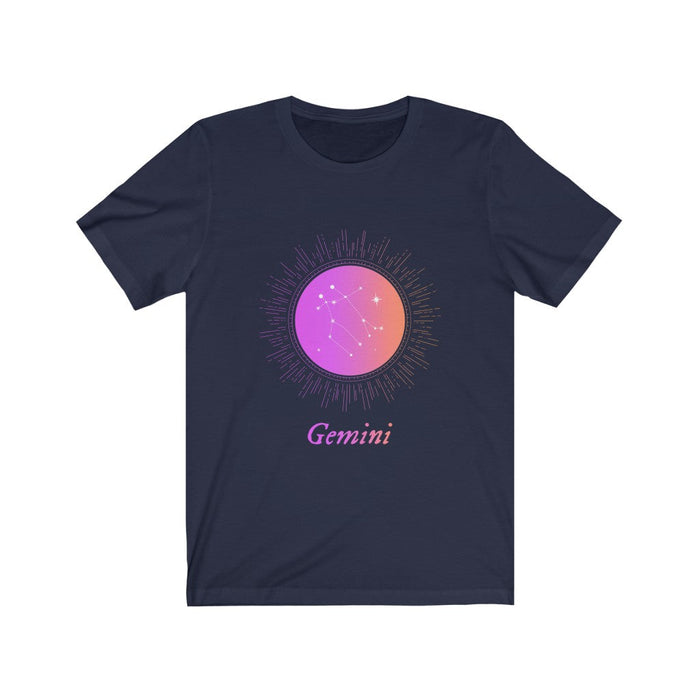 Gradient Zodiac T-Shirt for Women: black, purple Gemini zodiac sign, celestial graphic style