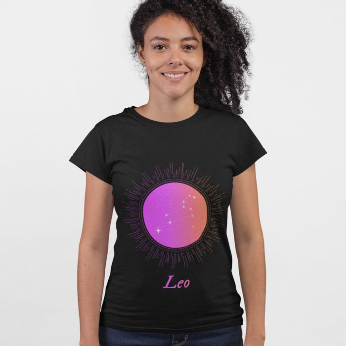 Gradient Zodiac Women's Leo T-Shirt: black, purple Leo zodiac theme, celestial zodiac graphic style