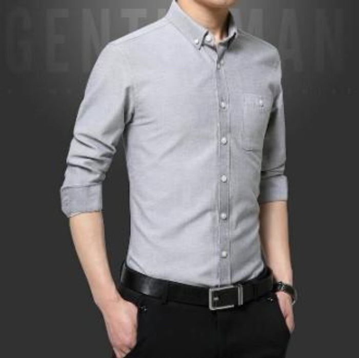 Gray Classic Button Down Men's Long Sleeve Shirt: light gray button-up shirt, minimal style