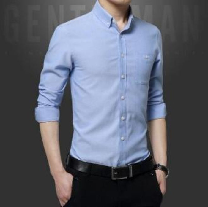 Gray Classic Button Down Men's Long Sleeve Shirt: light gray button-up shirt, minimal style