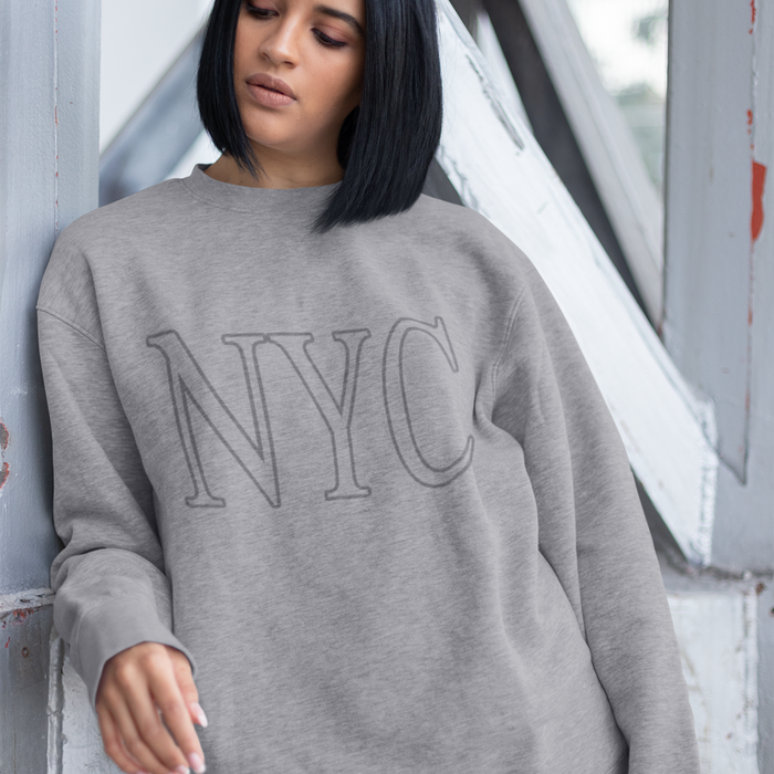 Gray Crewneck Sweatshirt for Women in New York City: heather gray, dark gray NYC, minimal casual style