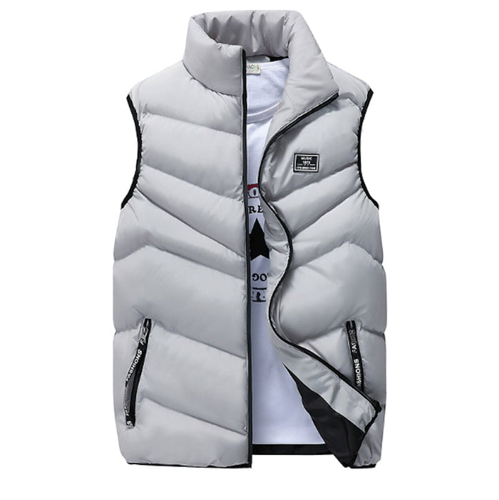 Gray High Neck Padded Vest for Men: light gray, black puffer vest, casual sporty style