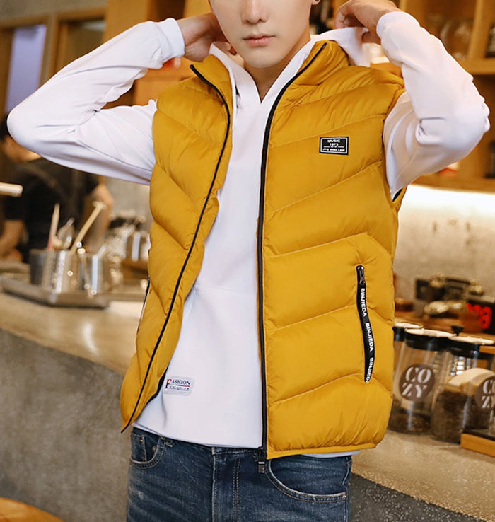 Gray High Neck Padded Vest for Men: light gray, black puffer vest, casual sporty style