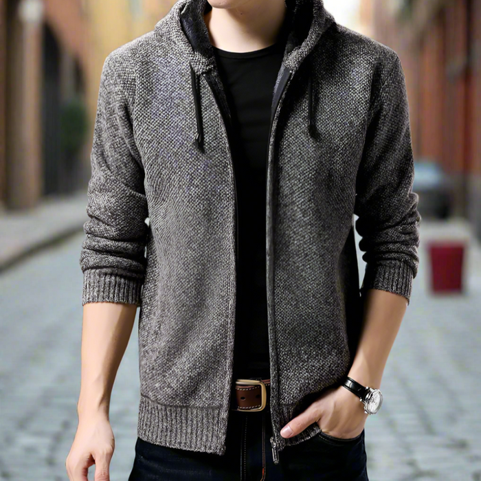 Gray Hooded Zip Jacket for Men: gray, black zip-up hooded jacket, casual minimal style