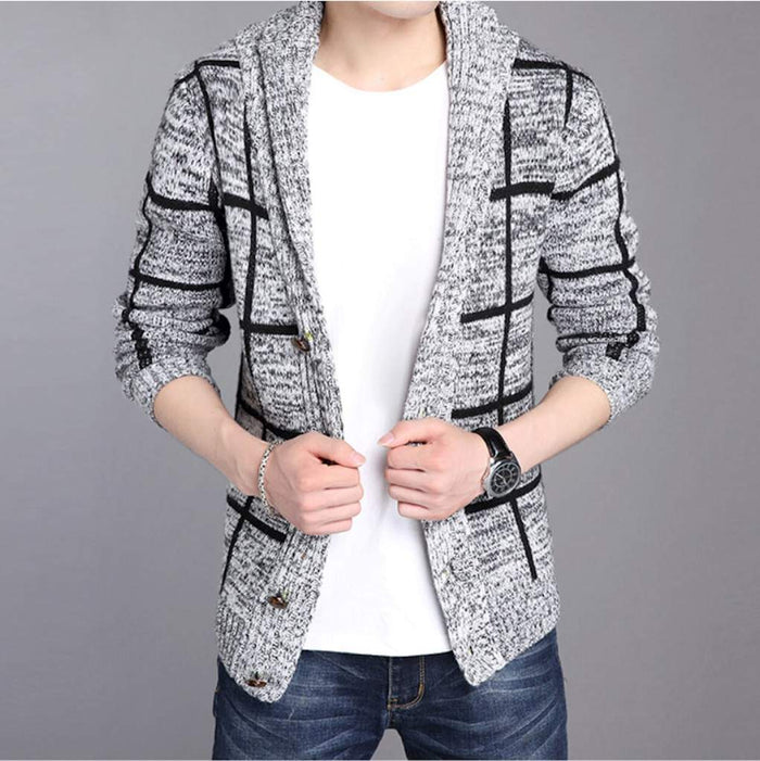 Gray Men's Cardigan with a Shawl Neckline: heather gray, black hooded cardigan sweater, casual style