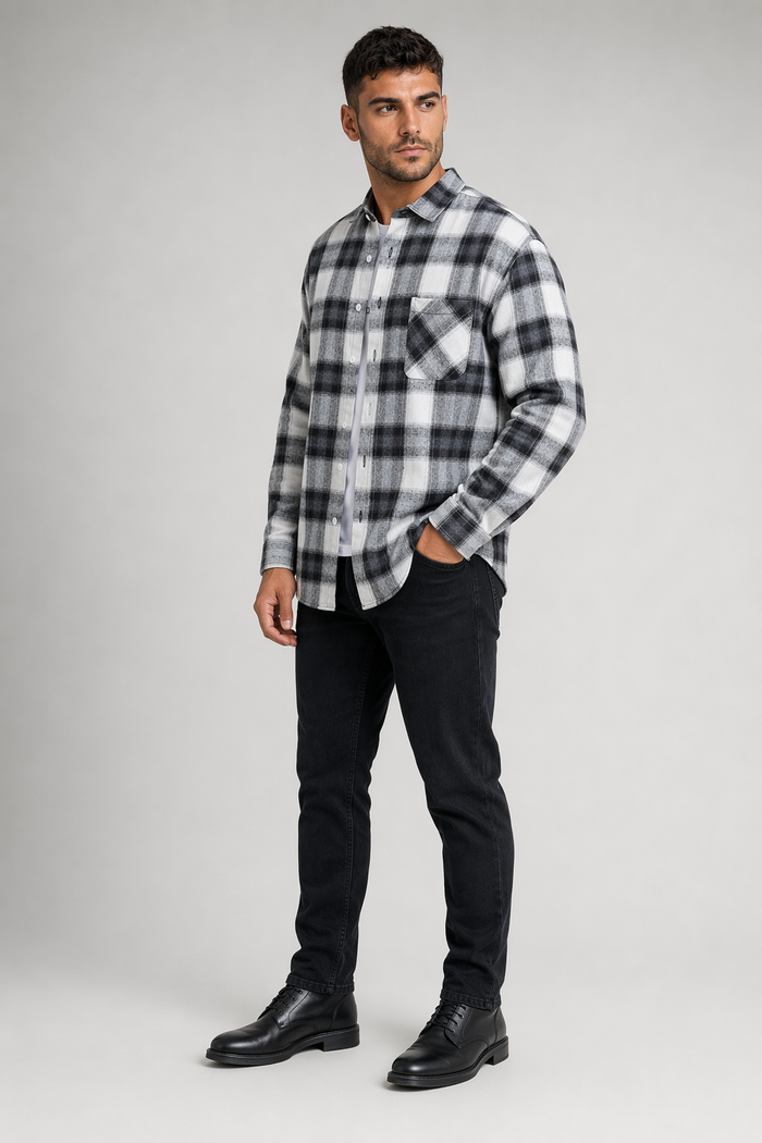 Gray Plaid Button-Up Casual Shirt for Men with Long Sleeves Default