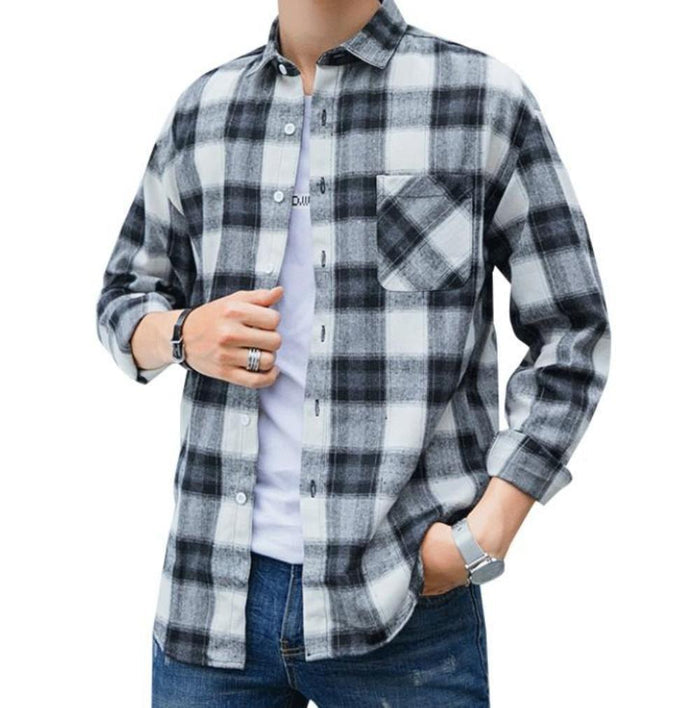 Gray Plaid Button-Up Casual Shirt for Men with Long Sleeves: black, gray long-sleeve button-up shirt, casual plaid flannel-st