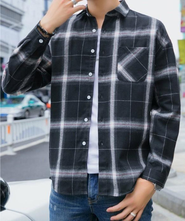 Gray Plaid Button-Up Casual Shirt for Men with Long Sleeves: black, gray long-sleeve button-up shirt, casual plaid flannel-st