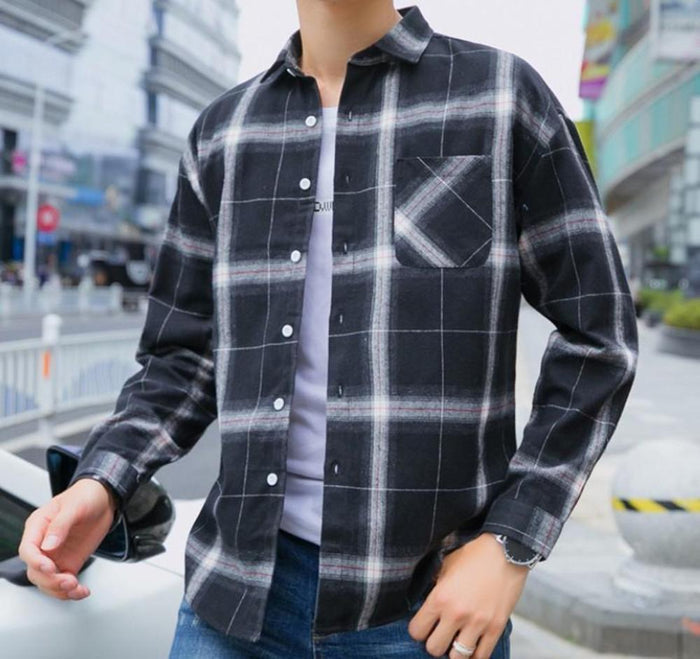 Gray Plaid Button-Up Casual Shirt for Men with Long Sleeves: black, gray long-sleeve button-up shirt, casual plaid flannel-st