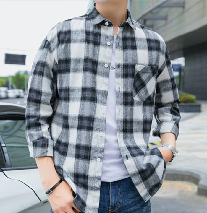 Gray Plaid Button-Up Casual Shirt for Men with Long Sleeves: black, gray long-sleeve button-up shirt, casual plaid flannel-st