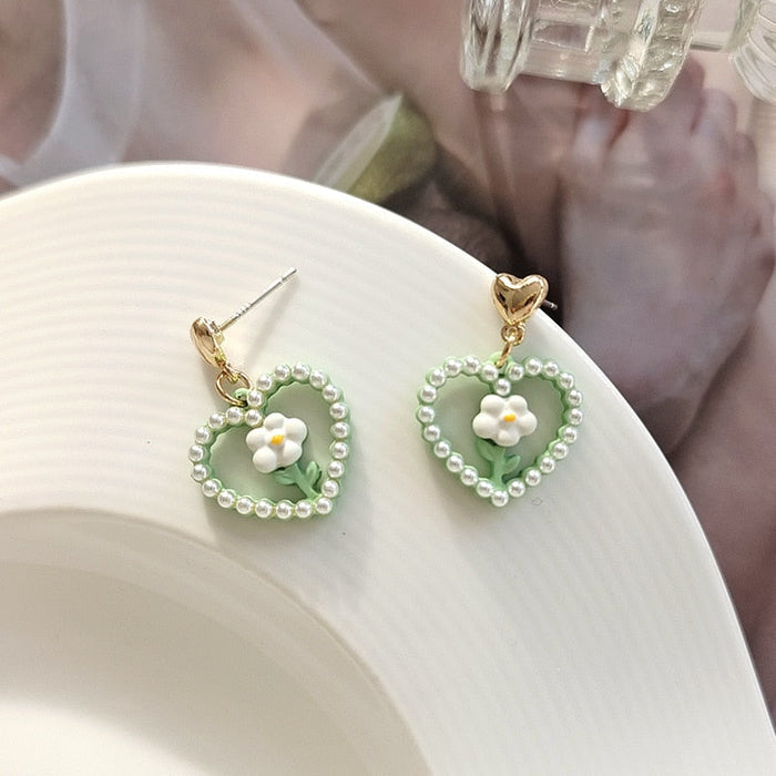 Green Floral Love Earrings, Lightweight and Durable!: pale green, white heart and flower motif, kawaii style