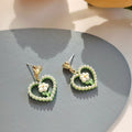 Green Floral Love Earrings, Lightweight and Durable!: pale green, white heart and flower motif, kawaii style
