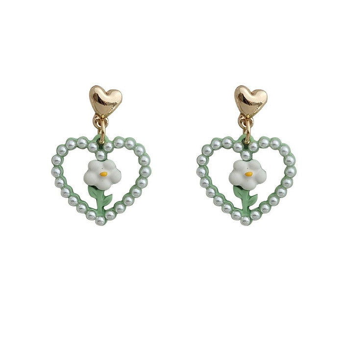 Green Floral Love Earrings, Lightweight and Durable!: pale green, white heart and flower motif, kawaii style