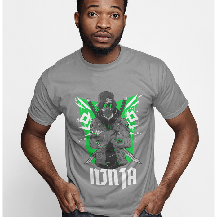 Green Ninja Graphic Tee for Men: gray, green ninja character, cartoon graphic style