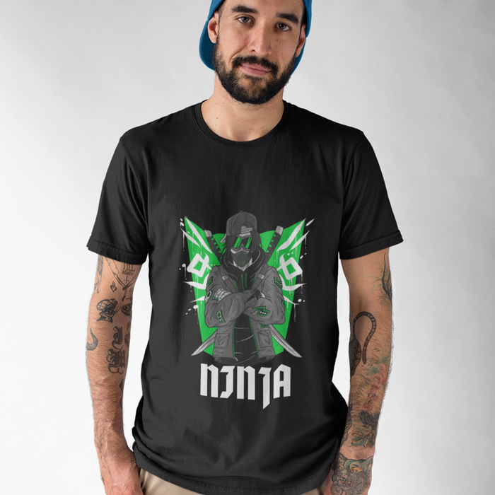 Green Ninja Graphic Tee for Men: gray, green ninja character, cartoon graphic style