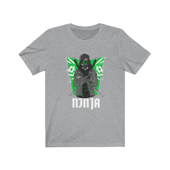 Green Ninja Graphic Tee for Men: gray, green ninja character, cartoon graphic style