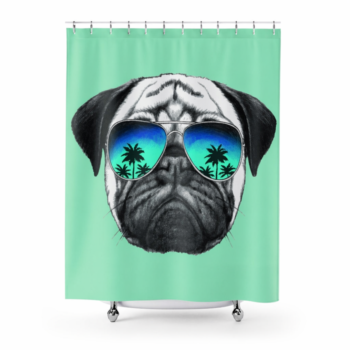Green Shower Curtains with Pug Wearing Shades Default