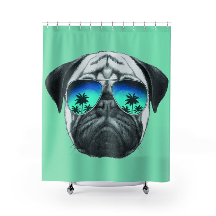 Green Shower Curtains with Pug Wearing Shades: mint green, black pug dog, cartoon illustration style