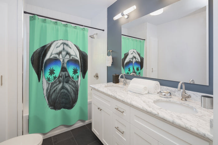 Green Shower Curtains with Pug Wearing Shades: mint green, black pug dog, cartoon illustration style
