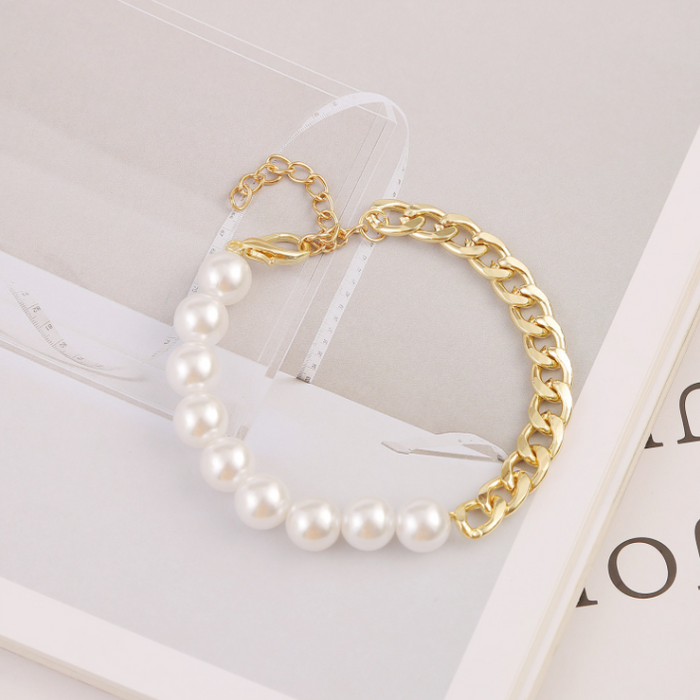 Half Chain Women's Bracelet Adorned with Pearls: white, gold necklace, classic elegant style