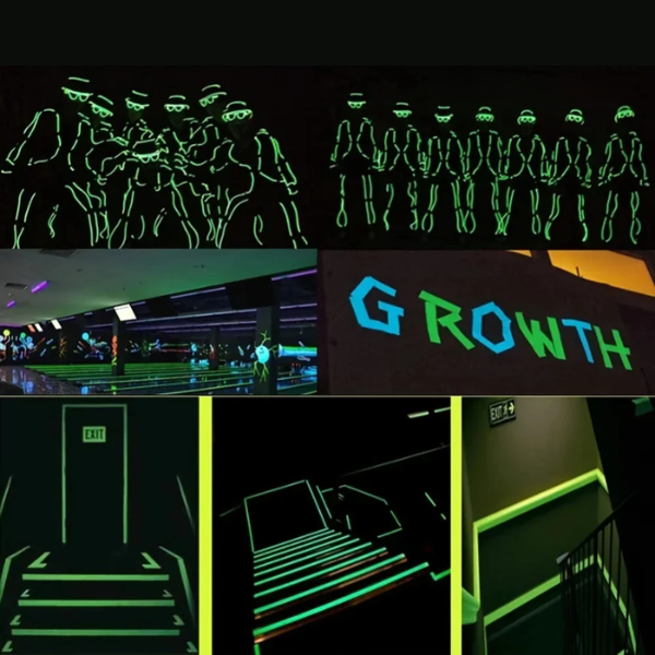 Halloween and Home Decoration Glow Tape, Enhance Your Spooky Décor: black, neon green collage of blacklight/neon-lit interior