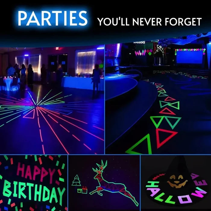 Halloween and Home Decoration Glow Tape, Enhance Your Spooky Décor: black, neon green collage of blacklight/neon-lit interior