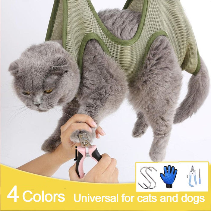 Hammock Cat Grooming Restraint Bag: olive green, gray gray cat, product advertisement style