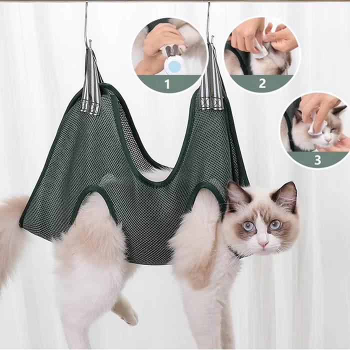Hammock Cat Grooming Restraint Bag: olive green, gray gray cat, product advertisement style