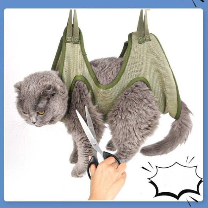 Hammock Cat Grooming Restraint Bag: olive green, gray gray cat, product advertisement style