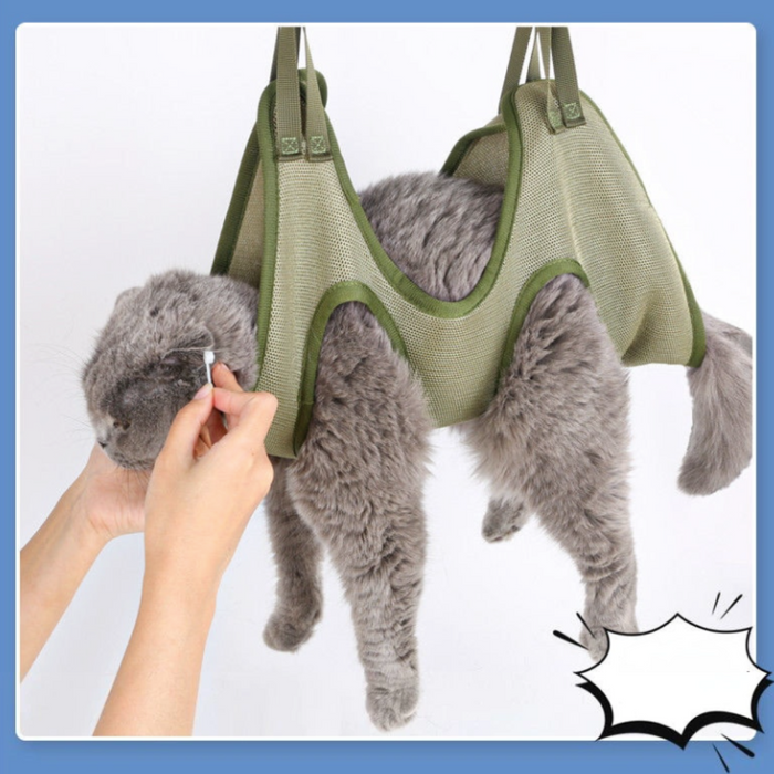 Hammock Cat Grooming Restraint Bag: olive green, gray gray cat, product advertisement style