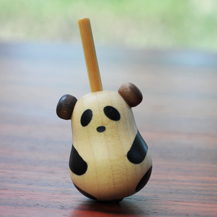 Handcrafted Wood Panda Top with Base: light natural wood, dark brown panda, minimal cartoon style