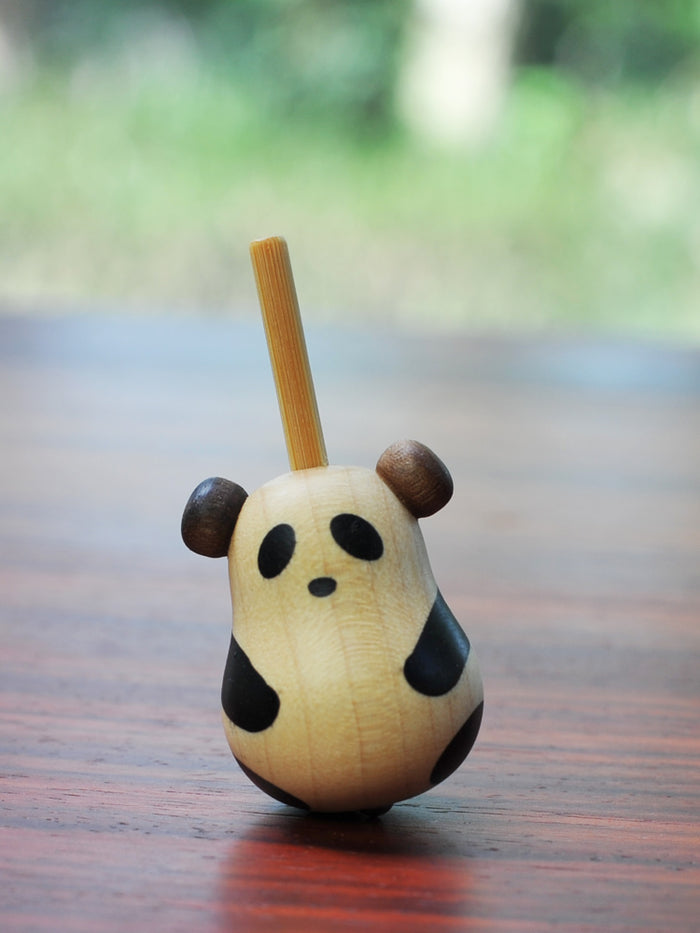 Handcrafted Wood Panda Top with Base: light natural wood, dark brown panda, minimal cartoon style