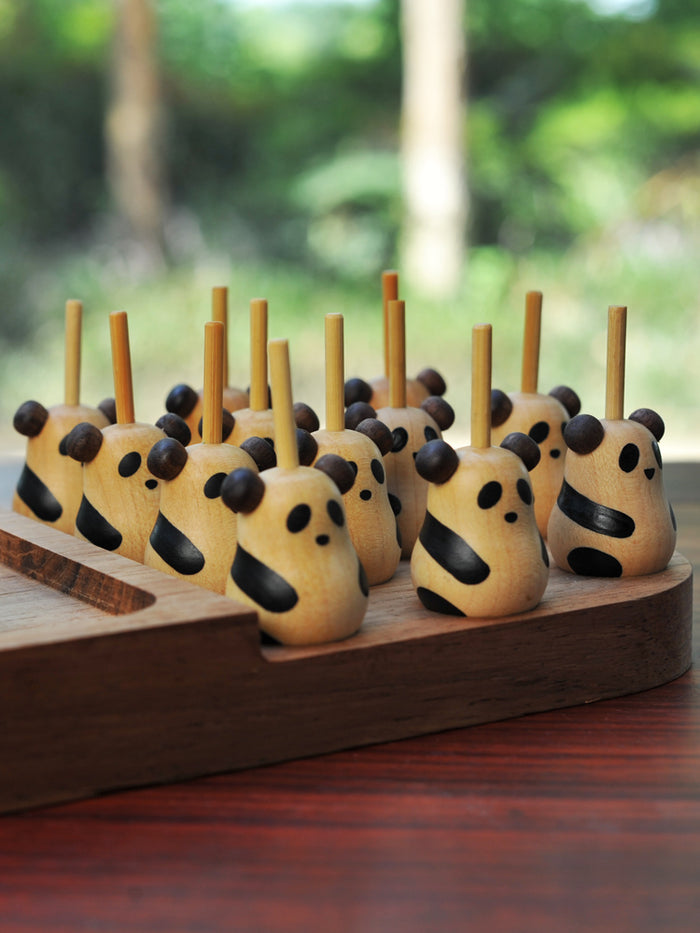 Handcrafted Wood Panda Top with Base: light natural wood, dark brown panda, minimal cartoon style