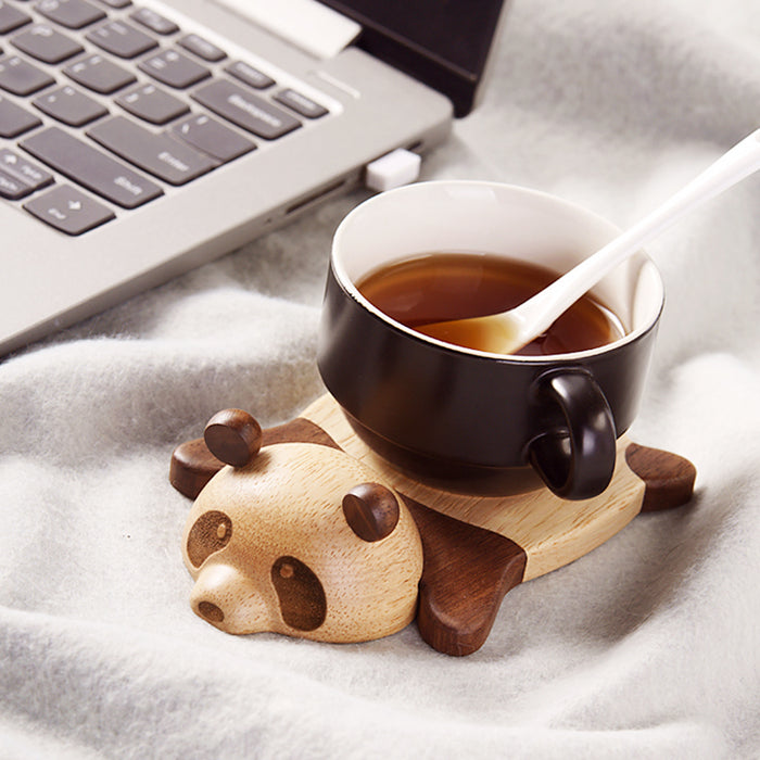 Handmade Wooden Panda Coaster Gift: light tan, dark brown dog, cute cartoon style