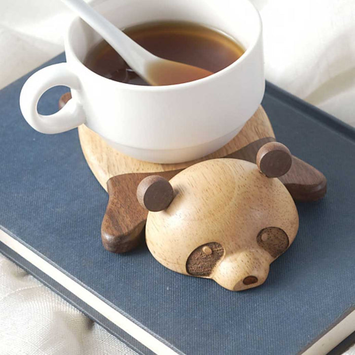 Handmade Wooden Panda Coaster Gift: light tan, dark brown dog, cute cartoon style